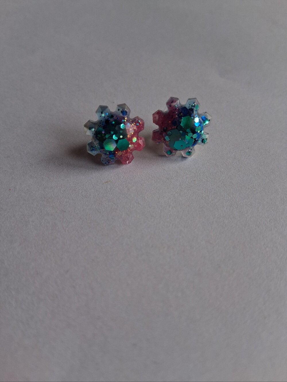 Hand Crafted Blue and Pink Glitter Floral Stud Earrings